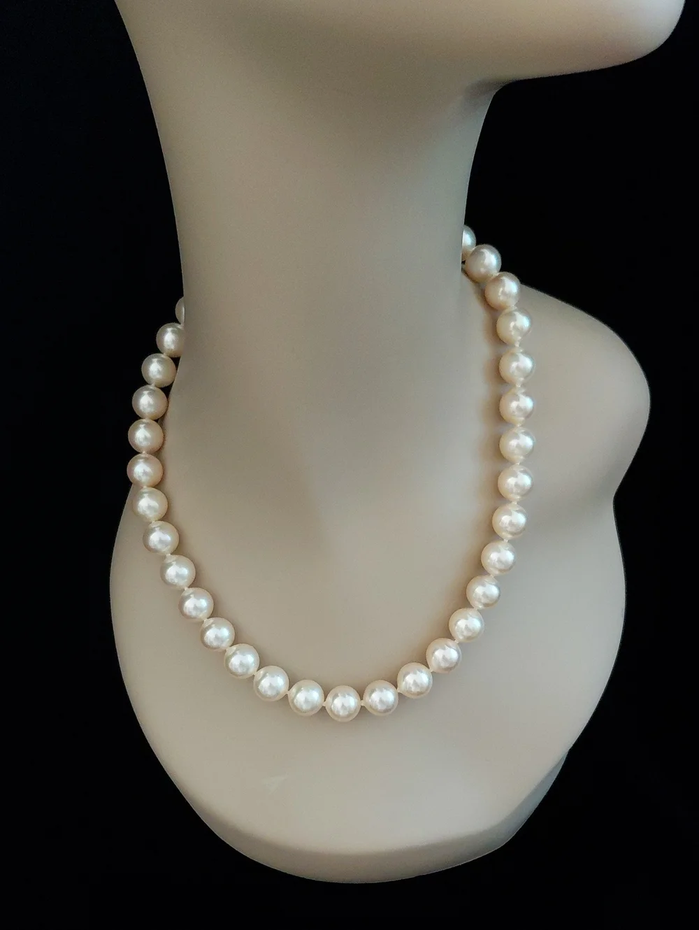 Vintage Pearlized Glass Bead Necklace Sterling Silver 925 Mother of Pearl Clasp